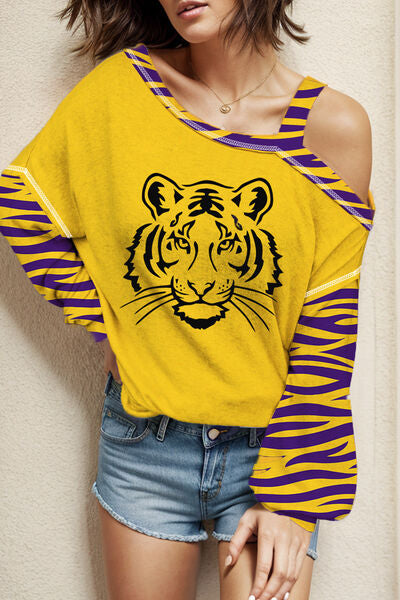 Tiger Graphic Asymmetrical Neck Long Sleeve T-Shirt